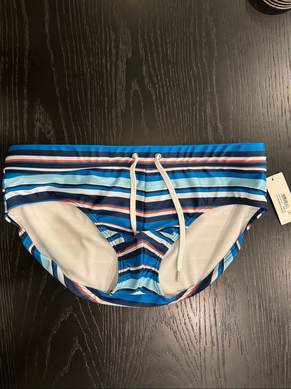 2xist Men's Rio Striped Blue Swim Briefs with White Drawstring